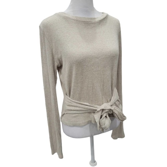 Zara Womans Tie Front Long Sleeve Pullover Top‎ Size Large Neutral Beige - Picture 2 of 8